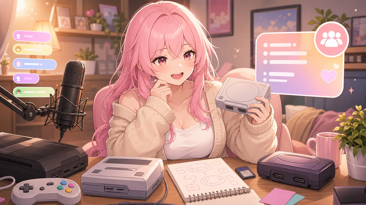 机の上で古いゲーム機やメモリーカードを見比べる人物の明るいイラスト