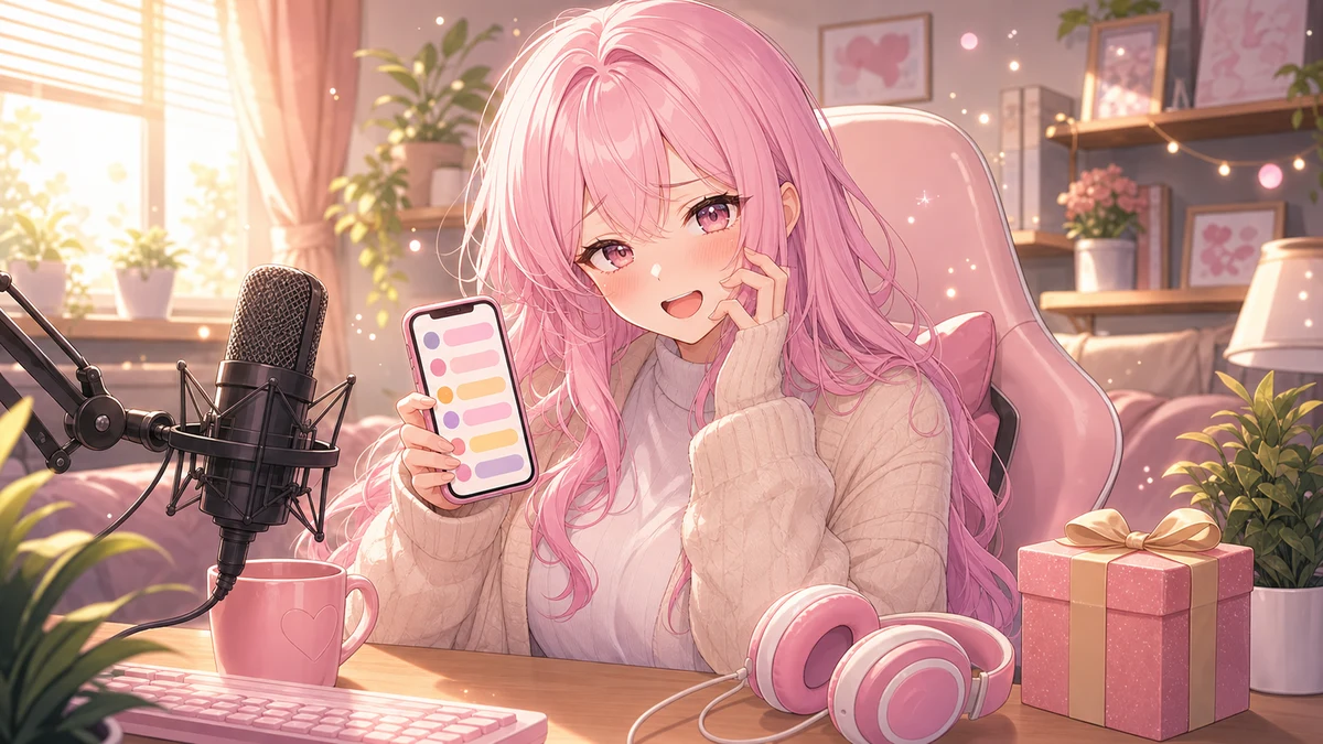 スマホの通知と小さな録音マイクを前に照れる人物の明るい配信部屋イラスト