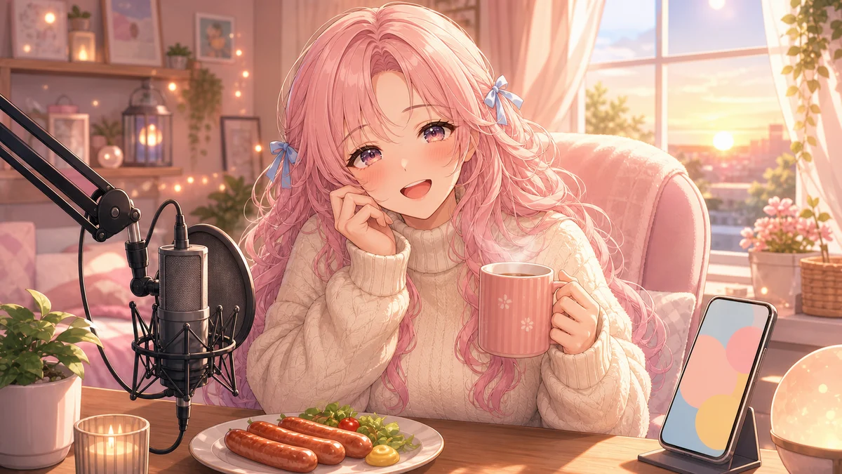 朝の配信部屋で軽い朝食とマイクを前に話すイメージ