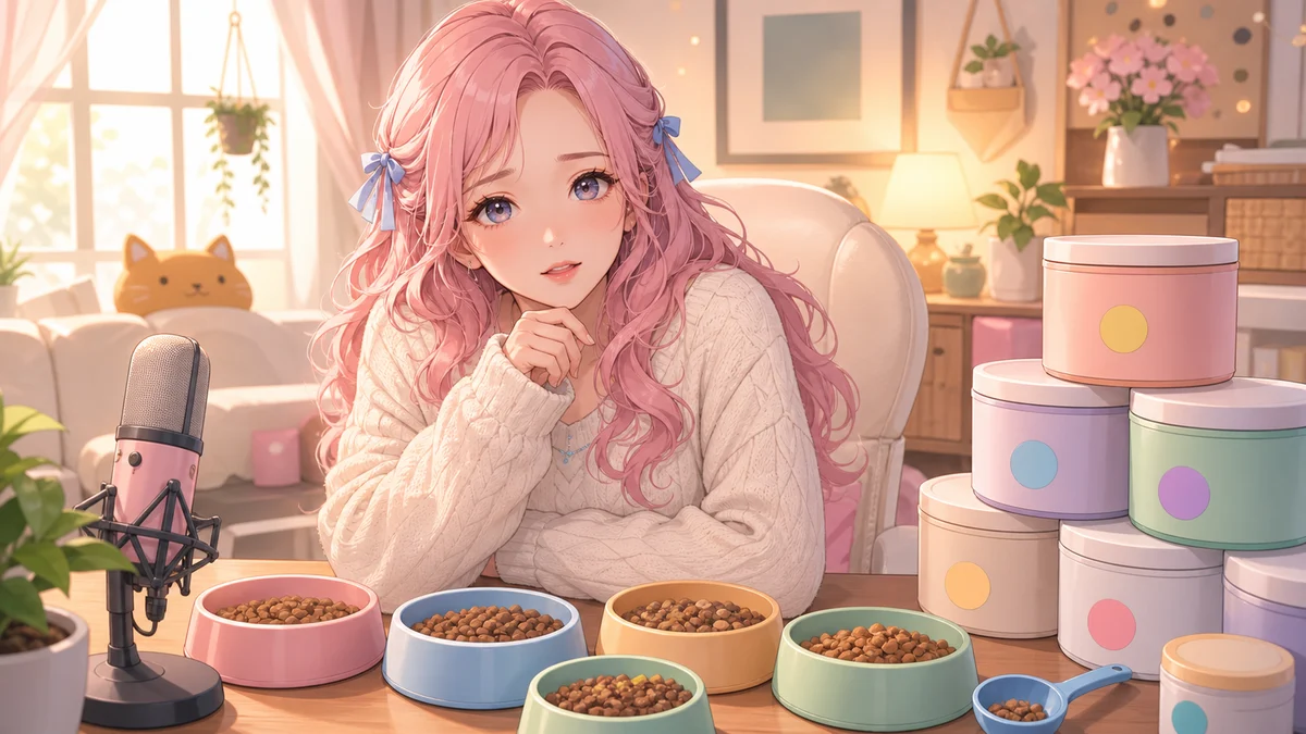 配信机の近くで猫用フードの器を見守る女性キャラクターのイメージ