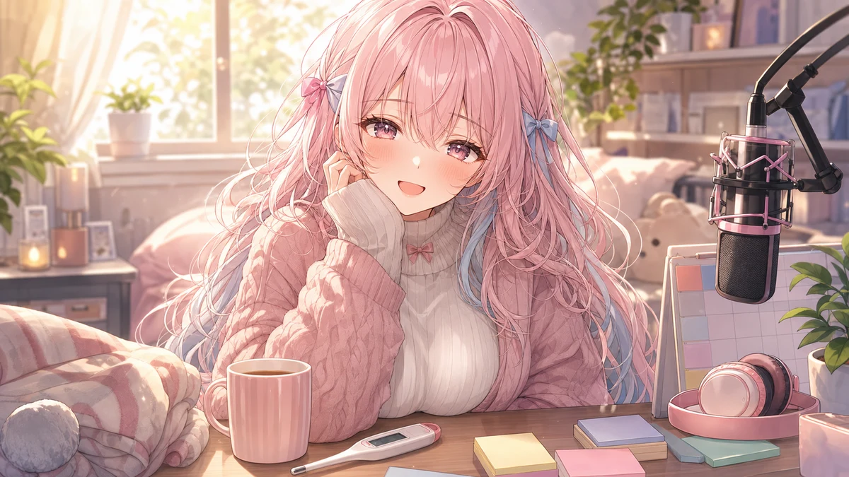 朝の配信部屋で飲み物と体調メモを置きながら話す女性キャラクターのイメージ