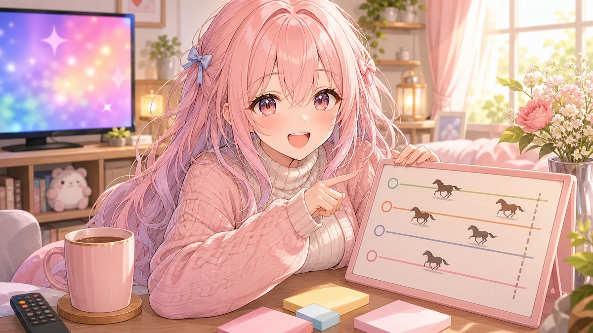 テレビの前でアニメの余韻と競馬新聞風のメモを見比べる女性キャラクターのイメージ