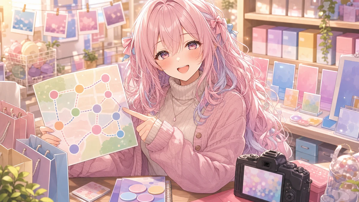 グッズ棚とスタンプラリーの地図を前に案内する女性キャラクターのイメージ